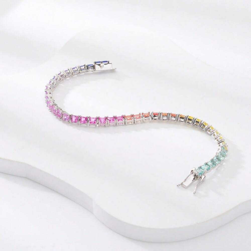 One 3mm 100% Sapphire Ruby Princess Rainbow Tennis Bracelet 925 Sterling Silver White Gold Plated For Women Daily Wear.