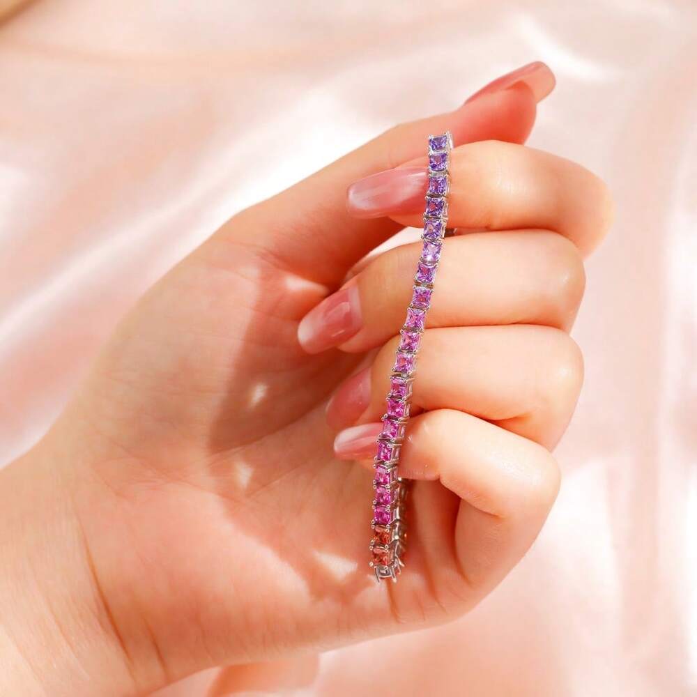 One 3mm 100% Sapphire Ruby Princess Rainbow Tennis Bracelet 925 Sterling Silver White Gold Plated For Women Daily Wear.