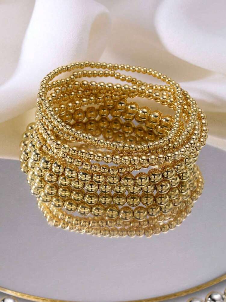 7pcs Gold Bracelets For Women Gold Bracelet Stack Pearl Beaded Bracelets For Women 14K  Stretch Bead Ball Bracelet Sets Jewelry For Mother's Day Birthday Gifts