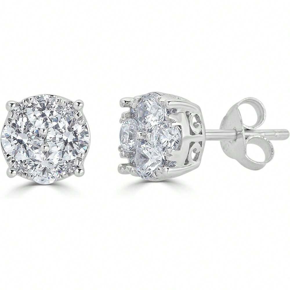 EWAJFBVWomen Round Stud Earrings Set In 925 Sterling Silver| Or Lab Grown| 14K Gold Bezel| White Yellow Or Rose| Lab Certified| Hypoallergenic